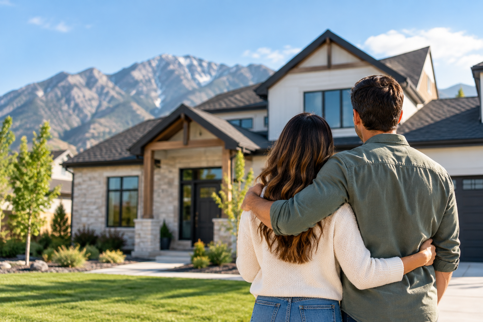 Couple standing in front of their new home